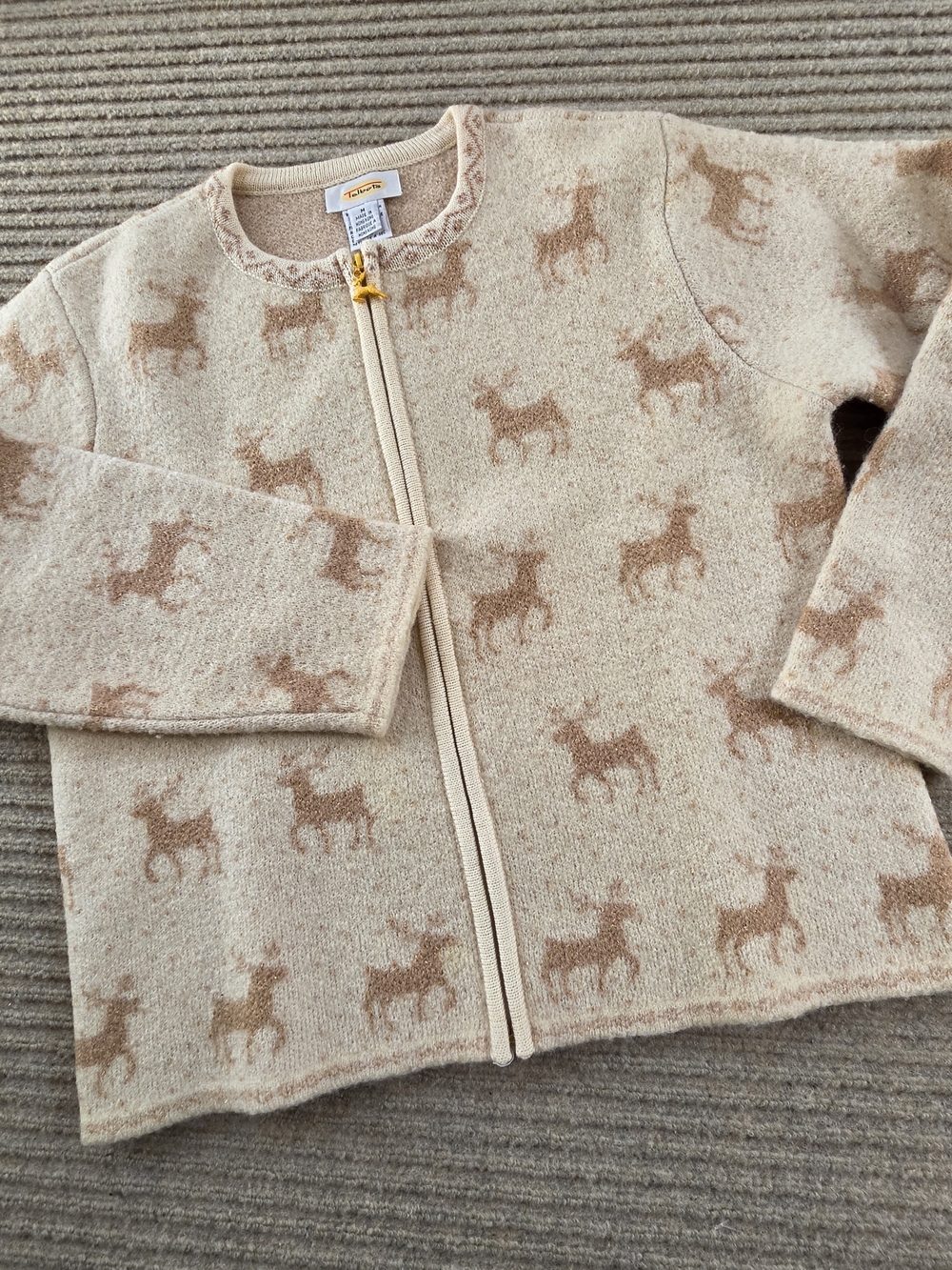 Talbots Women's Full Zip Wool Sweater Cardigan Nordic Reindeer Holiday Medium